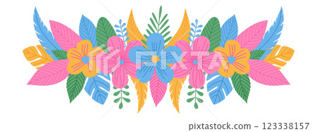Summer or spring botanical horizontal border. Hand drawn blooming flowers and exotic leaves. 123338157