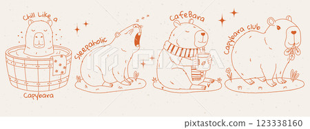 Funny capybara set with text. Set of exotic rodents relaxing in onsen, eating leaves, sleeping and drinking coffee. Playful doodle style. Hand drawn vector illustration. 123338160