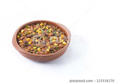Traditional Mexican Chili con carne. Minced meat and vegetables stew in tomato sauce isolated on white background 123338170