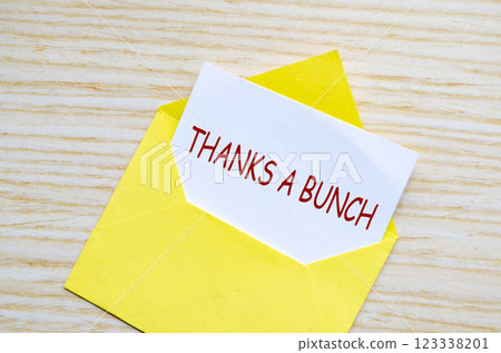Top view of yellow envelope on a wooden surface with a white card partially pulled out with text Thanks A Bunch Top view of yellow envelope on a wooden surface with a white card partially pulled out with text Thanks A Bunch 123338201