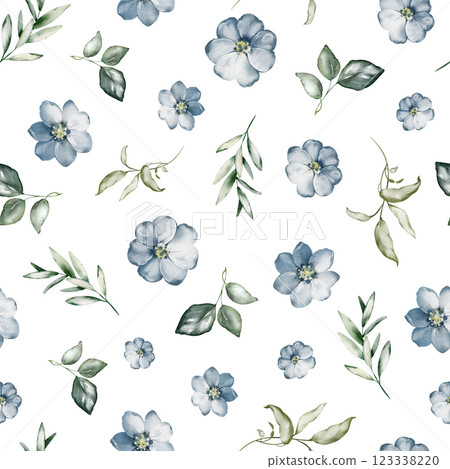 Watercolor floral seamless pattern with little blue flowers. Wedding background with Myosotis, Hyacinthus, Borago, Linum. Summer ornament Botanical design a for wrapper, wallpapers, romantic invites. Watercolor floral seamless pattern with little blue flowers. Wedding background with Myosotis, Hyacinthus, Borago, Linum. Summer ornament Botanical design a for wrapper, wallpapers, romantic invites. 123338220