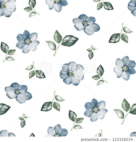Watercolor floral seamless pattern with little blue flowers. Wedding background with Myosotis, Hyacinthus, Borago, Linum. Summer ornament Botanical design a for wrapper, wallpapers, romantic invites. Watercolor floral seamless pattern with little blue flowers. Wedding background with Myosotis, Hyacinthus, Borago, Linum. Summer ornament Botanical design a for wrapper, wallpapers, romantic invites. 123338234