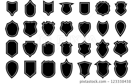 Shields police badge set vector. Security black labels illustration. Shield blank emblems, military shield silhouettes 123338438