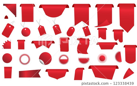 Discount red ribbons badges vector set. Realistic shopping tags, red silk. Sale tags label collection isolated on white background. Discount red ribbons badges vector set. Realistic shopping tags, red silk. Sale tags label collection isolated on white background. 123338439