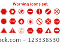 Stop red sign icon. Warning stop sign with hand gesture, do not enter set isolated on white background 123338530
