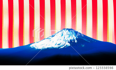 A congratulatory background banner with a blue Mt. Fuji and a horizontal red and white stripe with a gold wave pattern and ikat pattern 123338598