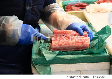 Raw tuna being cut into pieces Fresh tuna 123338609