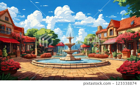 Retro game style natural pixel art background (village square at daytime) Generative AI 123338874