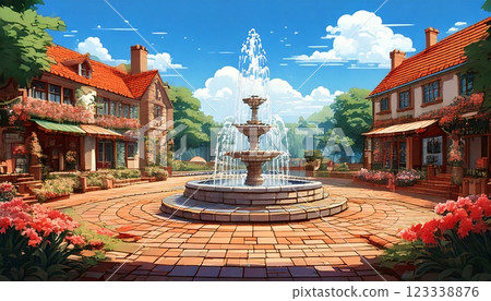 Retro game style natural pixel art background (village square at daytime) Generative AI Retro game style natural pixel art background (village square at daytime) Generative AI 123338876