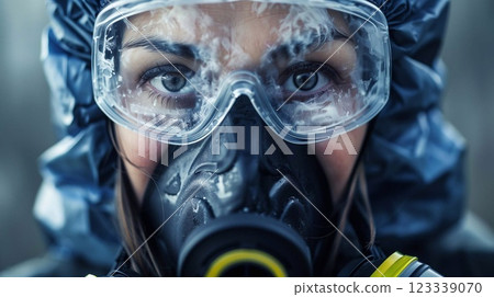 Woman in protective clothing and a gas mask demonstrates anti-radiation safety measures Woman in protective clothing and a gas mask demonstrates anti-radiation safety measures 123339070