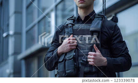 A person in a bulletproof vest stands in an urban environment, showcasing readiness and strength A person in a bulletproof vest stands in an urban environment, showcasing readiness and strength 123339078