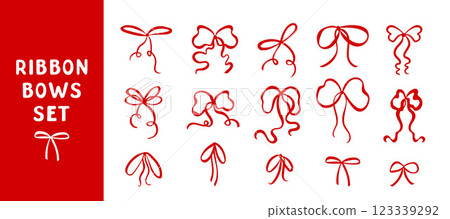 Hand drawn trendy red ribbon bows set. Minimalist various bow knots, tie ups, gift bows. Wedding celebration, holiday, party decoration, gift, present concept. Elegant vintage vector illustration. Hand drawn trendy red ribbon bows set. Minimalist various bow knots, tie ups, gift bows. Wedding celebration, holiday, party decoration, gift, present concept. Elegant vintage vector illustration. 123339292