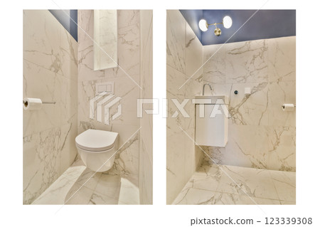 A sleek and modern bathroom featuring elegant marble walls and minimalistic fixtures for a clean, contemporary aesthetic. 123339308