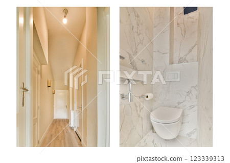 A spacious hallway leads into a stylish bathroom featuring marble walls and contemporary fixtures, showcasing modern interior design elements. 123339313