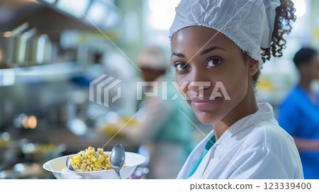 Staff member prepares meals for seriously ill patients in the hospital Staff member prepares meals for seriously ill patients in the hospital 123339400