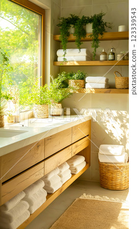 Biophilic design bathroom with white marble countertop, natural wooden shelving. Space is filled with sunlight streaming through large window, highlighting green plants, neatly stacked white towels 123339543