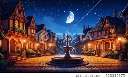 復古遊戲風格的自然像素藝術背景(夜晚的村莊廣場)生成式人工智慧 復古遊戲風格的自然像素藝術背景(夜晚的村莊廣場)生成式人工智慧 123339675