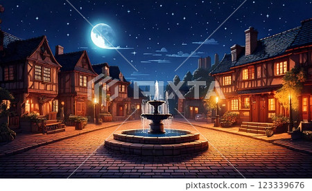 復古遊戲風格的自然像素藝術背景（夜晚的村莊廣場）生成式人工智慧 123339676