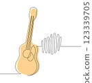 Minimalistic one continuous line drawing of a guitar with musical harmonics on a white background. 123339705