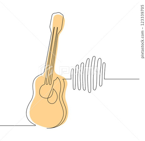 Minimalistic one continuous line drawing of a guitar with musical harmonics on a white background. Minimalistic one continuous line drawing of a guitar with musical harmonics on a white background. 123339705