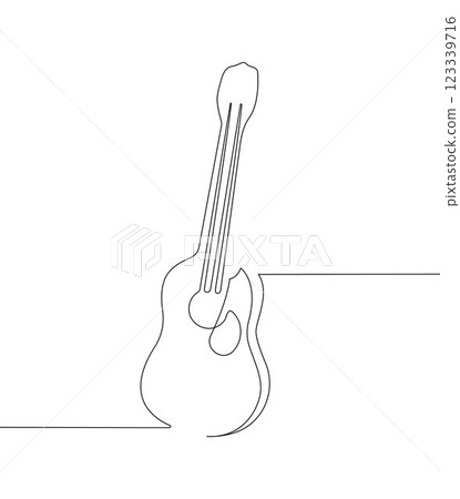 Minimalistic one continuous line drawing of a guitar with musical harmonics on a white background. 123339716