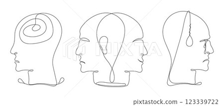 Minimalistic continuous line drawing of mental disorder vector icons, representing various psychological health issues. Minimalistic continuous line drawing of mental disorder vector icons, representing various psychological health issues. 123339722