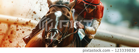A professional sports-style image of a jockey in full race attire, riding his horse with intensity and power, great for horse racing promotion, banner 123339830