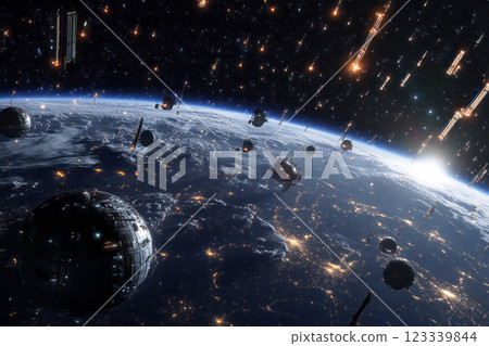 A detailed illustration of an asteroid belt with rocky fragments illuminated by a distant star, creating a rugged, expansive, and mysterious cosmic scene 123339844