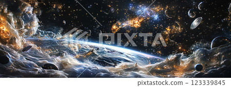 A cosmic illustration showing an asteroid belt with rugged rocky fragments, illuminated by distant star light, offering a vast and mysterious view of deep space, banner 123339845