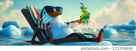 A penguin with sunglasses and a mojito in hand, relaxing on an ice floe deck chair in the North Sea, exuding a quirky and carefree tropical feel, perfect for playful advertisements, banner 123339886