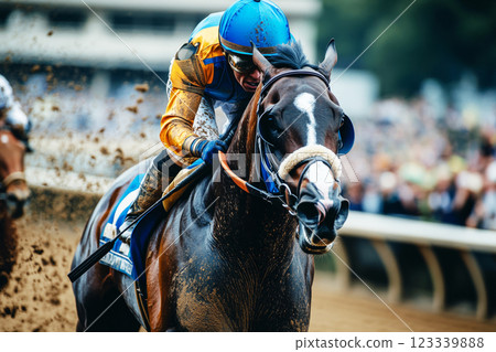 A focused jockey in full race gear, riding a powerful horse, captured in a close-up shot highlighting intense concentration, perfect for promoting horse racing 123339888