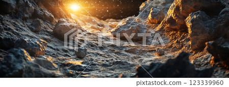 A cosmic illustration showing an asteroid belt with rugged rocky fragments, illuminated by distant star light, offering a vast and mysterious view of deep space, banner 123339960