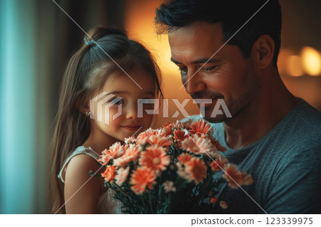 A father lovingly gives flowers to his daughter in a modern living room, bathed in soft morning light, celebrating family bonds and love in a heartfelt style A father lovingly gives flowers to his daughter in a modern living room, bathed in soft morning light, celebrating family bonds and love in a heartfelt style 123339975