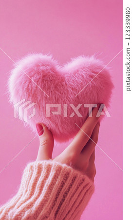 The scene features a gentle hand cradling a plush heart, illuminated by sunlight, with a wooden table backdrop creating a warm, loving mood 123339980