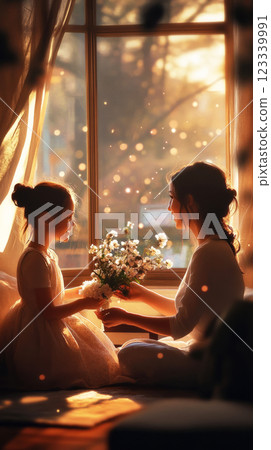 A heartwarming scene of a mother and daughter exchanging flowers in a cozy, softly lit living room, celebrating love and family bonds 123339991