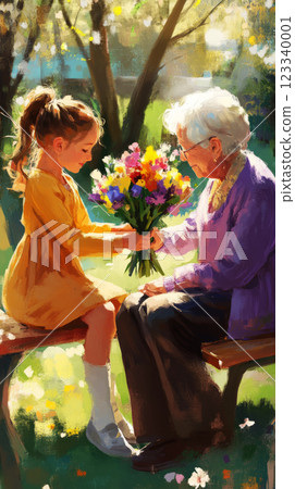 This heartfelt scene of a young girl gifting her grandmother flowers on March 8 captures a nostalgic, family-focused moment in a sunny park setting This heartfelt scene of a young girl gifting her grandmother flowers on March 8 captures a nostalgic, family-focused moment in a sunny park setting 123340001