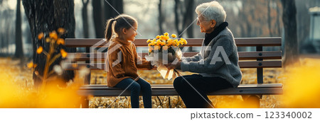 A young girl presents her grandmother with a bouquet of spring flowers on a sunny morning, creating a nostalgic and loving tribute to family on March 8, banner A young girl presents her grandmother with a bouquet of spring flowers on a sunny morning, creating a nostalgic and loving tribute to family on March 8, banner 123340002
