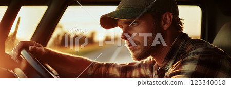 A composed male truck driver, focused and professional, captured in a close-up portrait within the cab of his truck, hands steady on the wheel as warm sunset light illuminates the highway ahead, 123340018