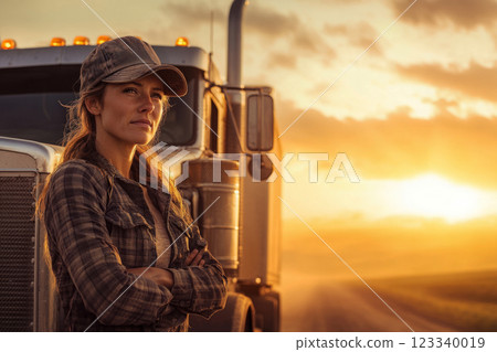 A full-body shot of a female truck driver standing confidently beside a semi-truck, arms crossed, wearing jeans and a flannel shirt, with a warm sunset casting a golden glow A full-body shot of a female truck driver standing confidently beside a semi-truck, arms crossed, wearing jeans and a flannel shirt, with a warm sunset casting a golden glow 123340019