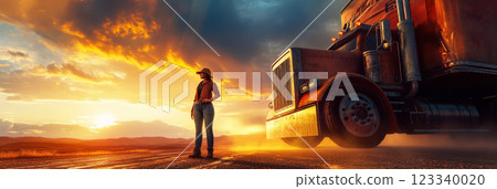 A proud and resilient female truck driver, standing tall next to a large semi-truck, arms crossed, flannel shirt and jeans complementing the warm hues of a sunset-lit scene, banner 123340020