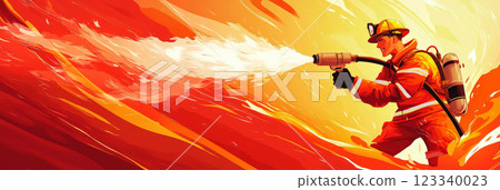 Graphic illustration of a brave firefighter, minimalist style, battling flames with a fire hose, smoke curling around, portraying strength and courage in the heat of action, banner Graphic illustration of a brave firefighter, minimalist style, battling flames with a fire hose, smoke curling around, portraying strength and courage in the heat of action, banner 123340023