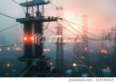 Close-up of high-voltage insulators and cables, set against a misty dawn background with soft, serene lighting, blending industrial detail with tranquil nature 123340024