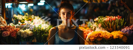 Surrounded by fragrant bouquets, a skilled flower vendor creates an artistic arrangement at her lively market stall filled with nature colorful beauty Surrounded by fragrant bouquets, a skilled flower vendor creates an artistic arrangement at her lively market stall filled with nature colorful beauty 123340091
