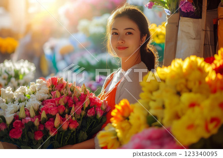 Surrounded by fragrant bouquets, a skilled flower vendor creates an artistic arrangement at her lively market stall filled with nature colorful beauty Surrounded by fragrant bouquets, a skilled flower vendor creates an artistic arrangement at her lively market stall filled with nature colorful beauty 123340095