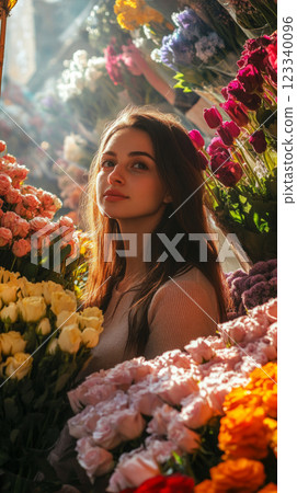 Surrounded by fragrant bouquets, a skilled flower vendor creates an artistic arrangement at her lively market stall filled with nature colorful beauty 123340096