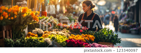 Surrounded by fragrant bouquets, a skilled flower vendor creates an artistic arrangement at her lively market stall filled with nature colorful beauty 123340097