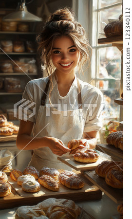 Surrounded by fragrant bouquets, a skilled flower vendor creates an artistic arrangement at her lively market stall filled with nature colorful beauty 123340112