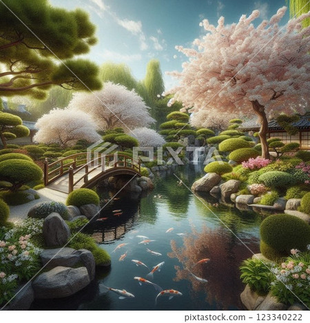 Illustration of a Japanese garden with cherry blossoms Illustration of a Japanese garden with cherry blossoms 123340222