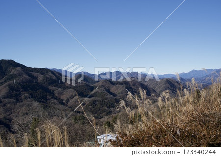 冬季相模湖周圍的紫芒和山景 123340244