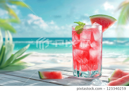 watermelon cocktail on round white wooden table, beach defocused background 123340259